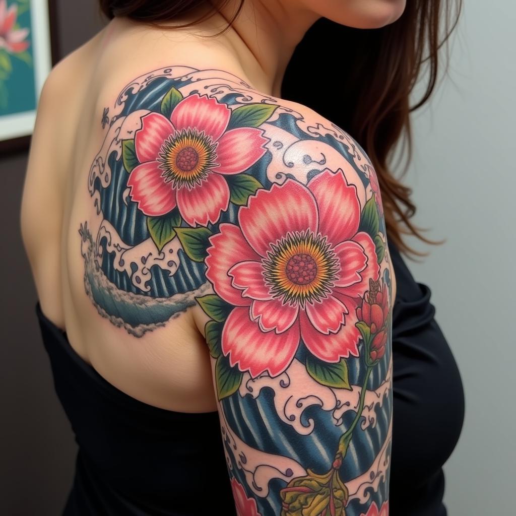 Hình xăm vai Nhật cổ phong cách Irezumi với hoa mẫu đơn và sóng nước