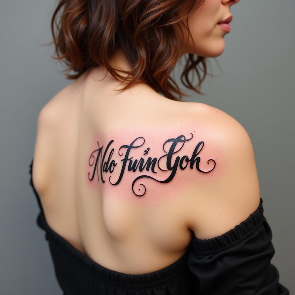 Hinh xăm vai nữ chữ thư pháp Việt mềm mại uyển chuyển