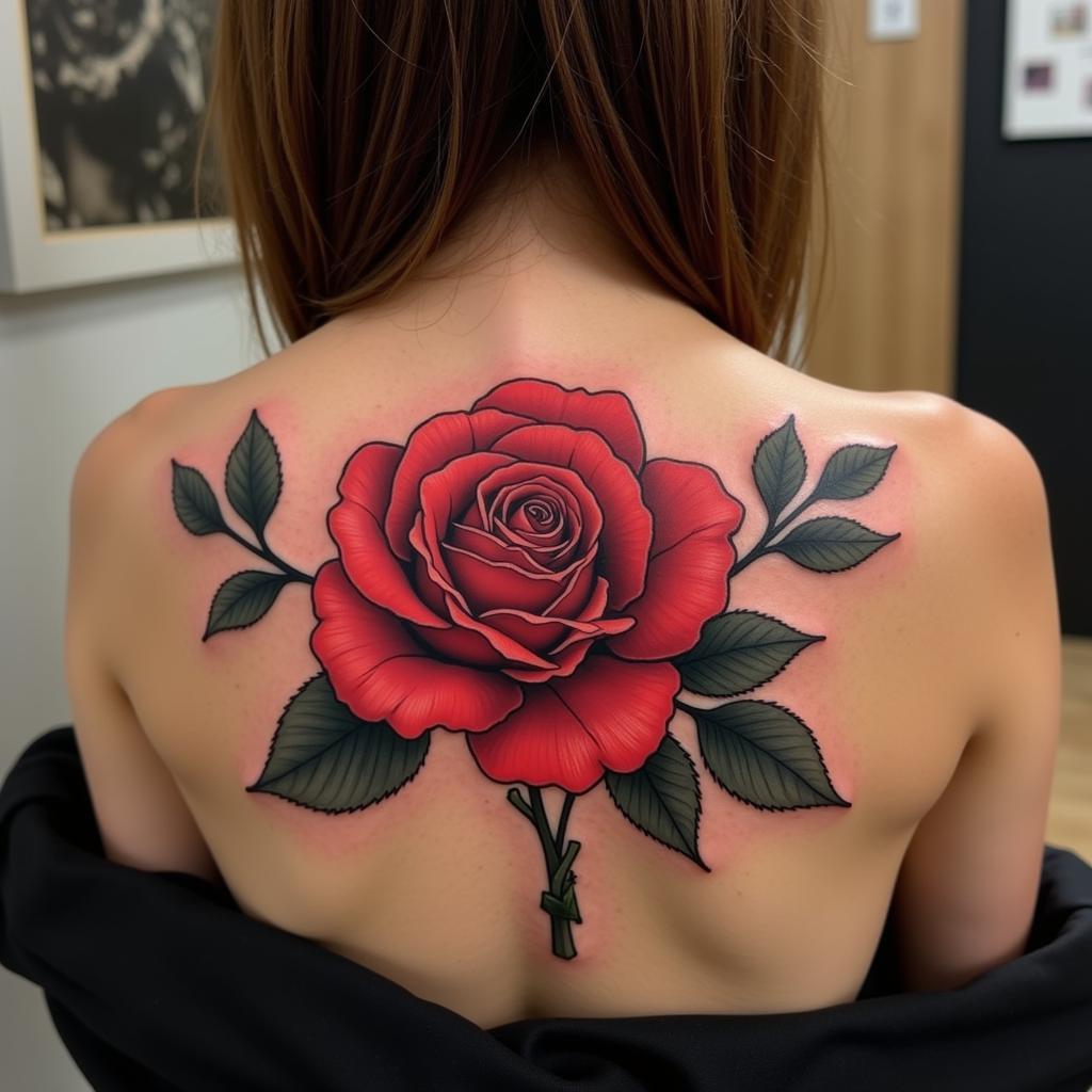 Hinh xăm vai nữ hoa hồng đỏ rực rỡ biểu tượng tình yêu