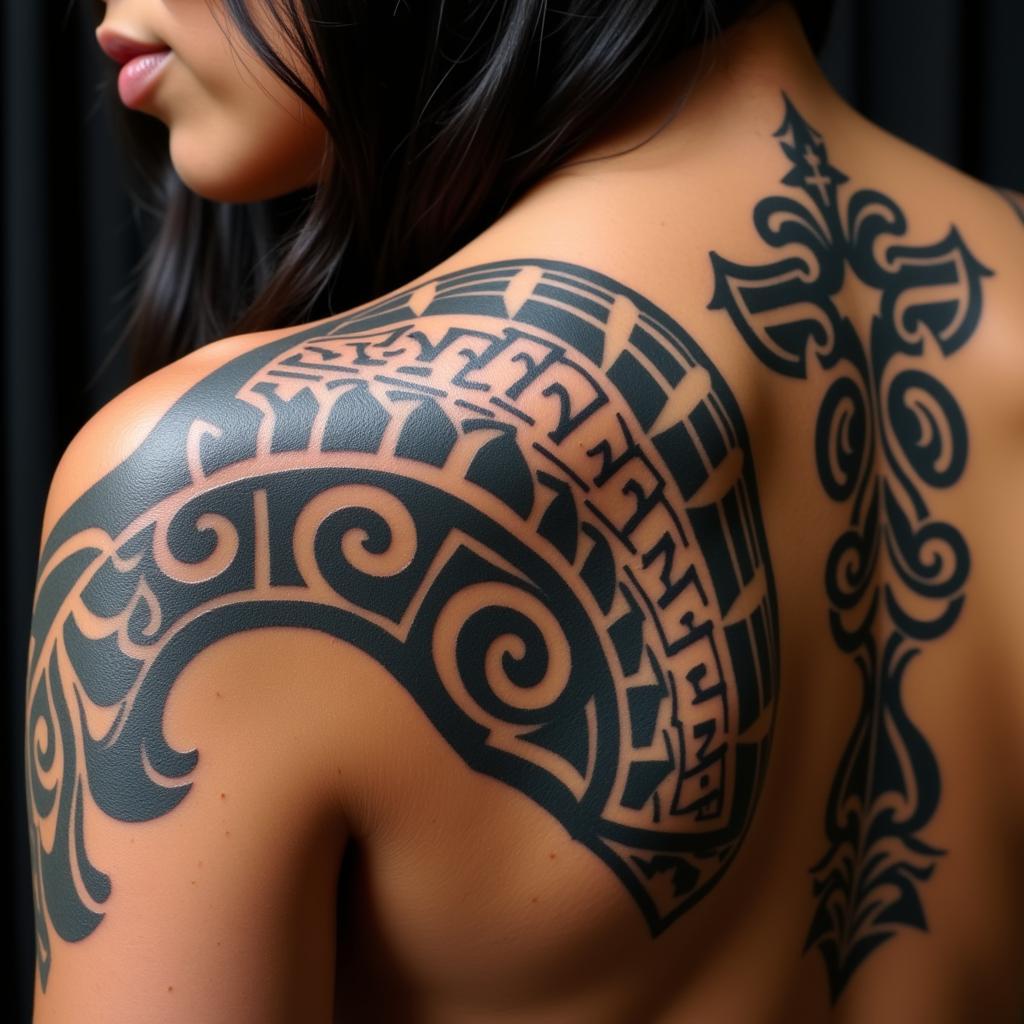 Hinh xăm vai nữ tribal Polynesian hoa văn mạnh mẽ