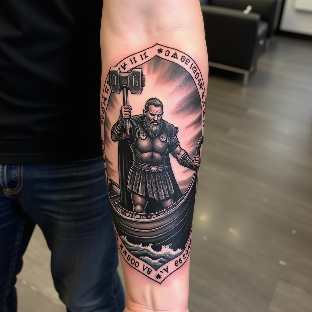 Hình xăm chiến binh Viking với búa Thor và thuyền chiến trên cánh tay thể hiện sự mạnh mẽ và táo bạo