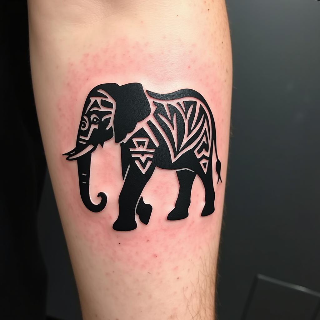 Hình xăm voi bộ lạc đường nét mạnh mẽ thể hiện sức mạnh và truyền thống