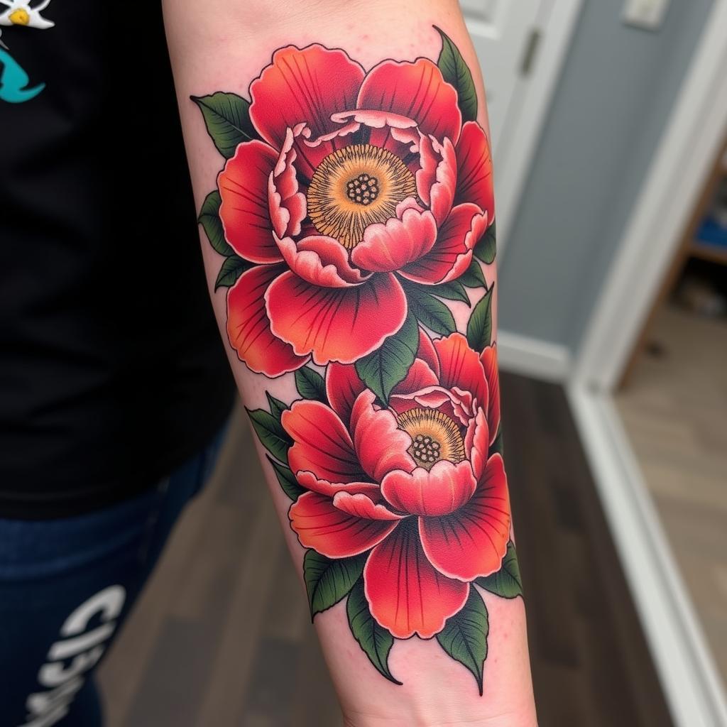 hinh-xam-vong-tay-hoa-mau-don-nhat-co-67bd27 Hình xăm vòng tay họa tiết hoa mẫu đơn Nhật cổ màu hồng đỏ rực rỡ