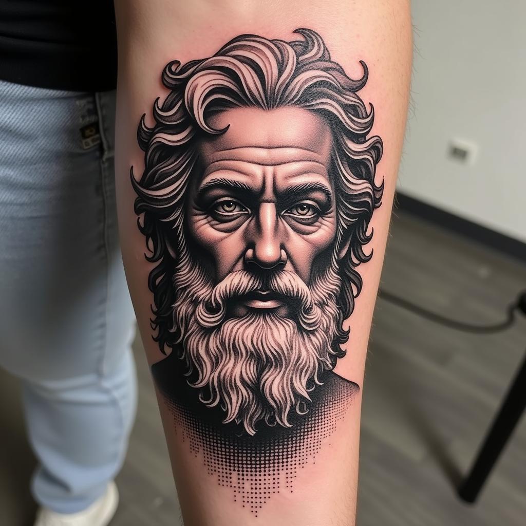 Hinh xam than Zeus phong cach cham bi dotwork day tinh te va nghe thuat