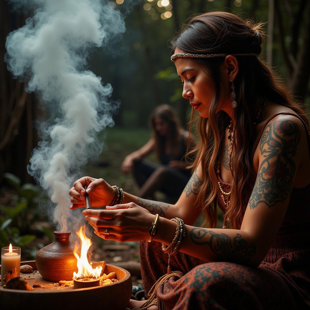 Người phụ nữ thổ dân với hình xăm đang thực hiện nghi lễ kết nối tâm linh, triệu hồi tổ tiên