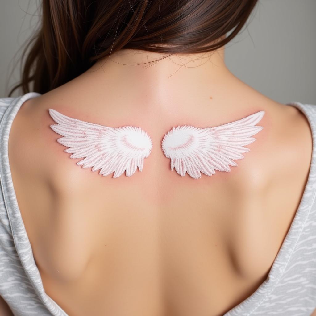 Mẫu hình xăm đôi cánh thiên thần màu trắng nhẹ nhàng và nữ tính trên lưng phụ nữ