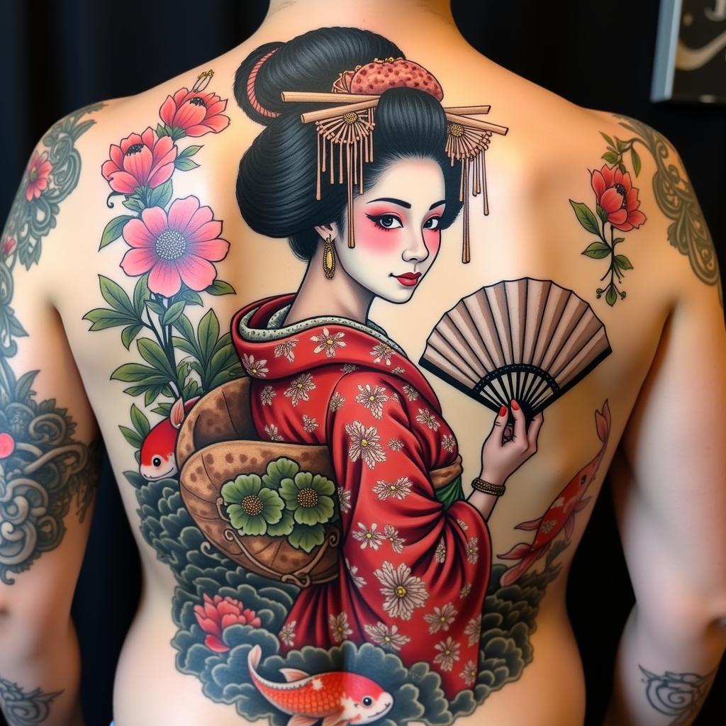 Mẫu thiết kế hình xăm geisha full lưng theo phong cách truyền thống Nhật Bản.