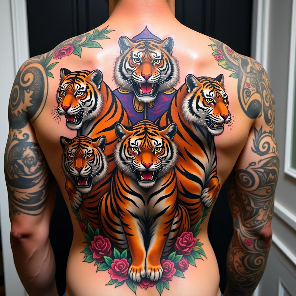 Mẫu hình xăm Ngũ Hổ Tướng toàn thân với chi tiết sắc nét và màu sắc sống động