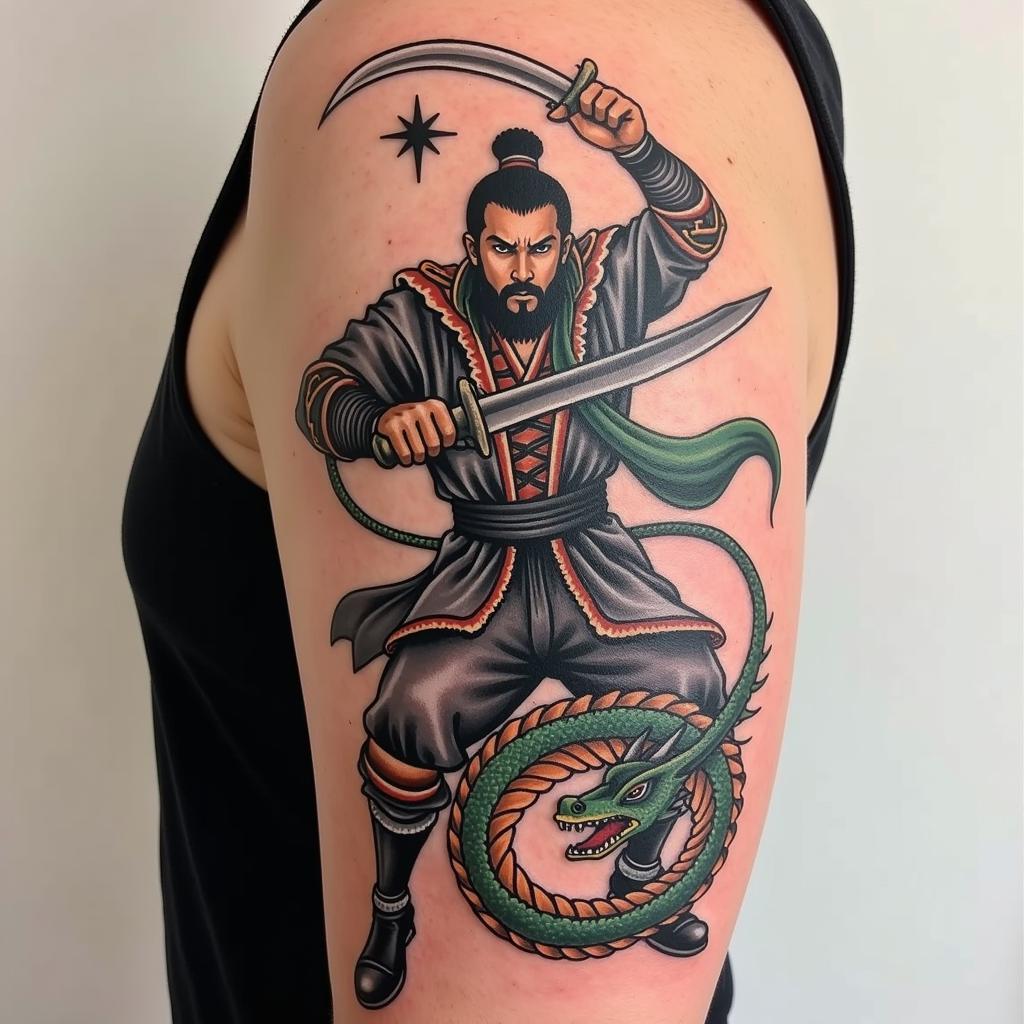 Mẫu hình xăm Quan Công cầm thanh long đao phổ biến và uy nghiêm