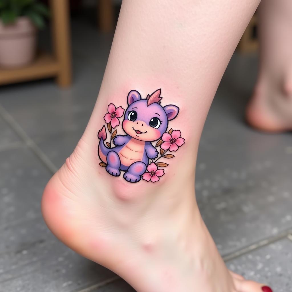 Mẫu hình xăm rồng mini dễ thương kết hợp hoa anh đào nữ tính