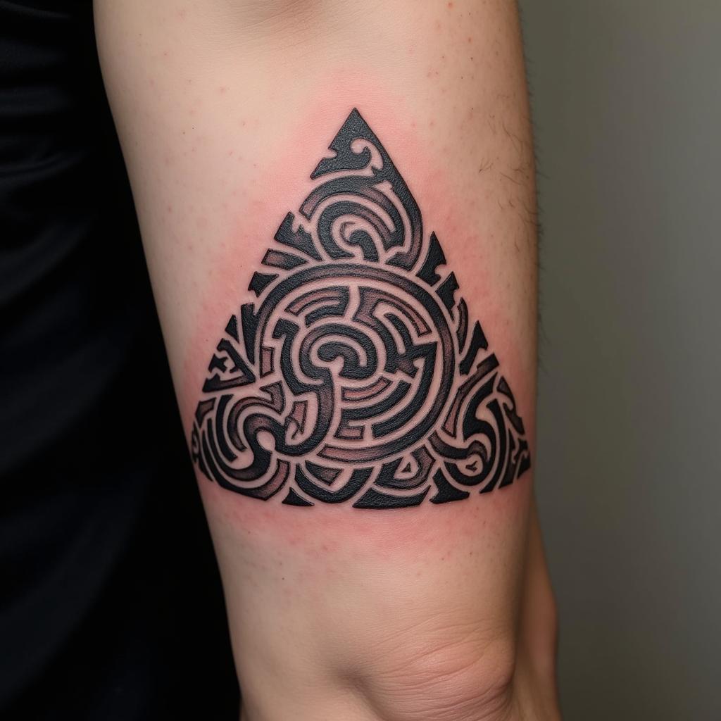 Hình xăm tam giác với hoa văn Maori trên bắp tay, mang đậm nét nghệ thuật độc đáo.