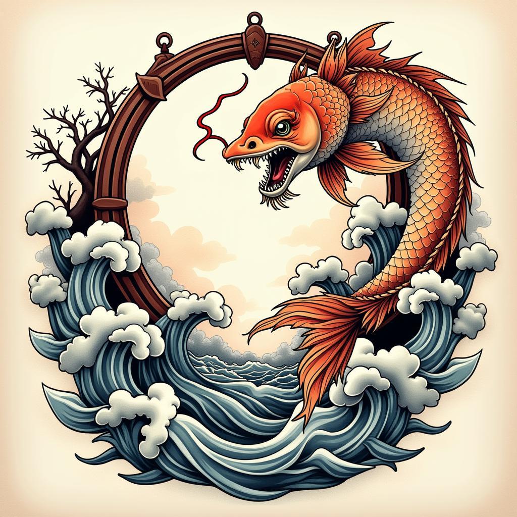 Mẫu thiết kế hình xăm cá chép vượt vũ môn với sóng nước và mây cuộn tinh tế