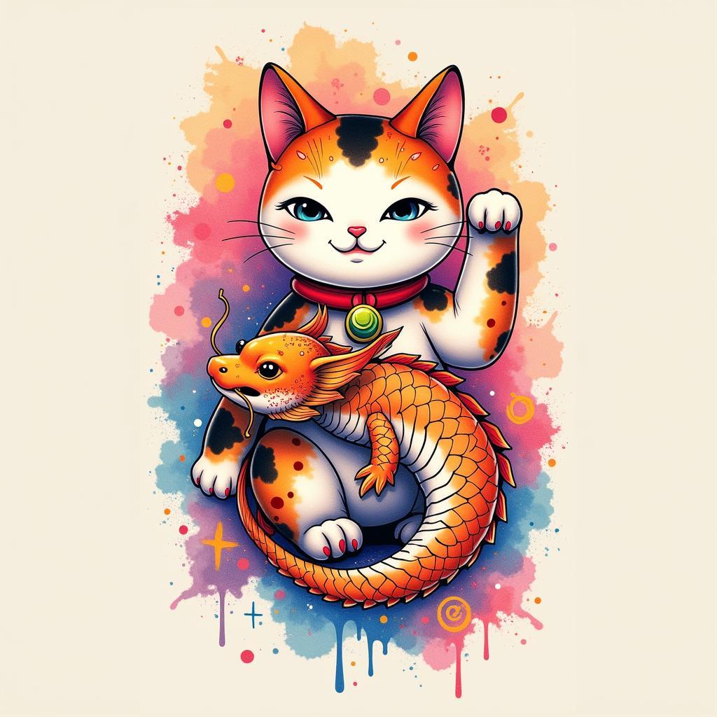 Hình xăm mèo thần tài cá chép màu nước, tươi mới, sống động với hiệu ứng loang màu độc đáo