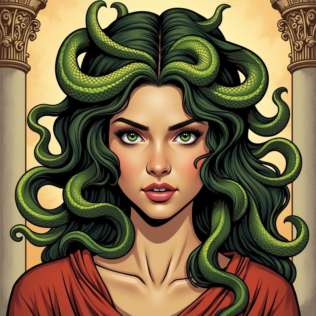 Hình ảnh minh họa Medusa trong thần thoại Hy Lạp với mái tóc rắn và ánh mắt hóa đá