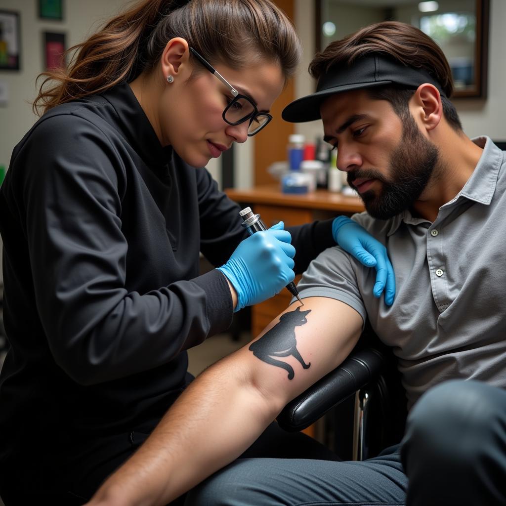 Nghe si xam hinh chuyen nghiep dang xam hinh meo den cho khach