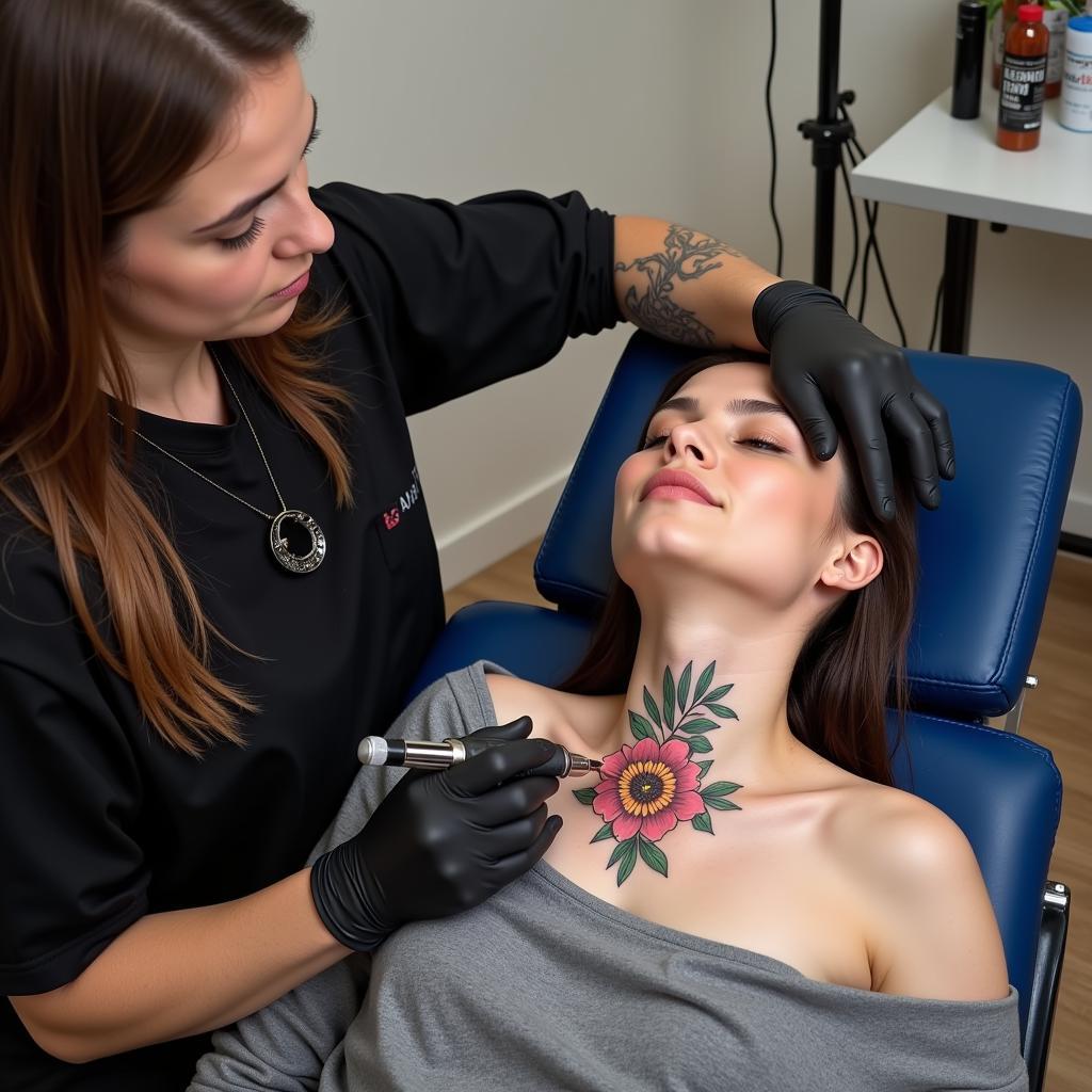 Nghệ sĩ xăm hình chuyên nghiệp đang xăm hình hoa văn ở cổ cho khách hàng.