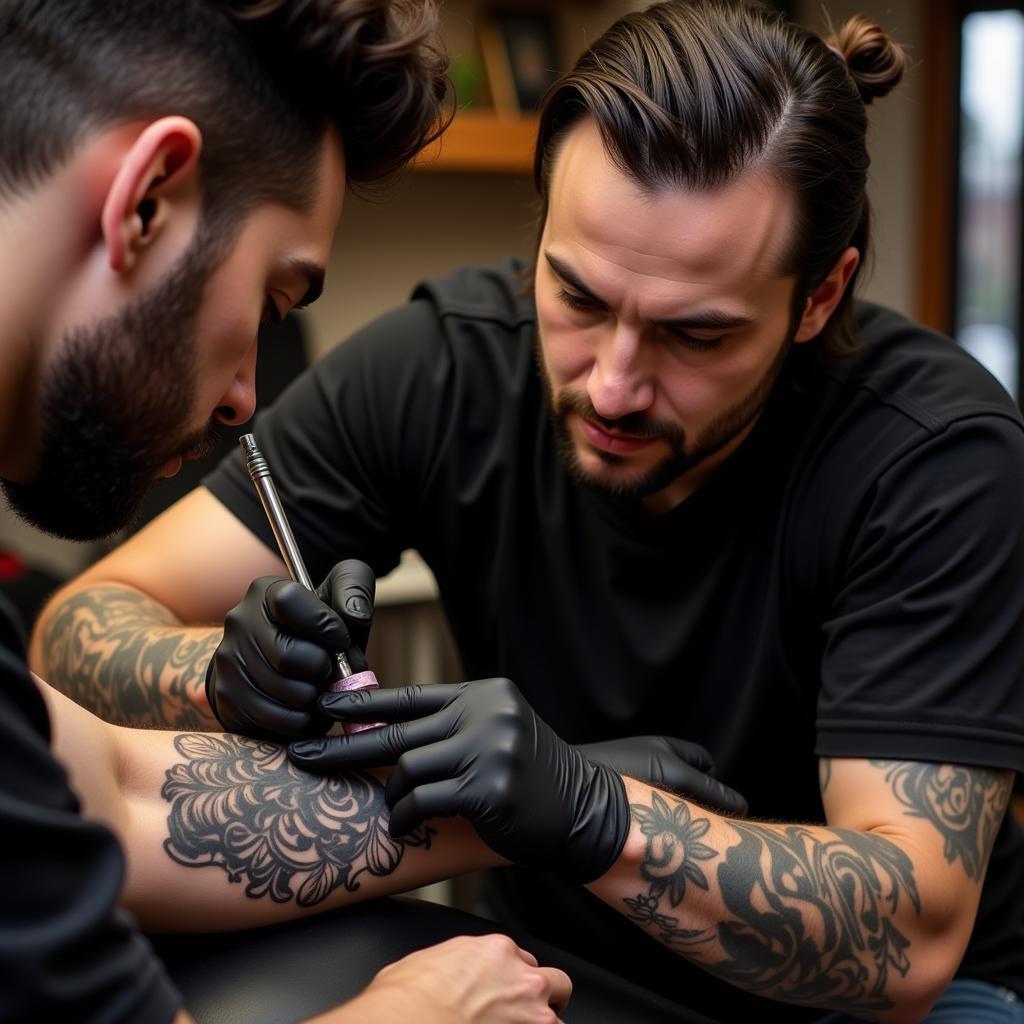 Nghệ sĩ xăm hình Old School tỉ mỉ thực hiện tác phẩm Nghệ sĩ xăm hình Old School tỉ mỉ thực hiện tác phẩm