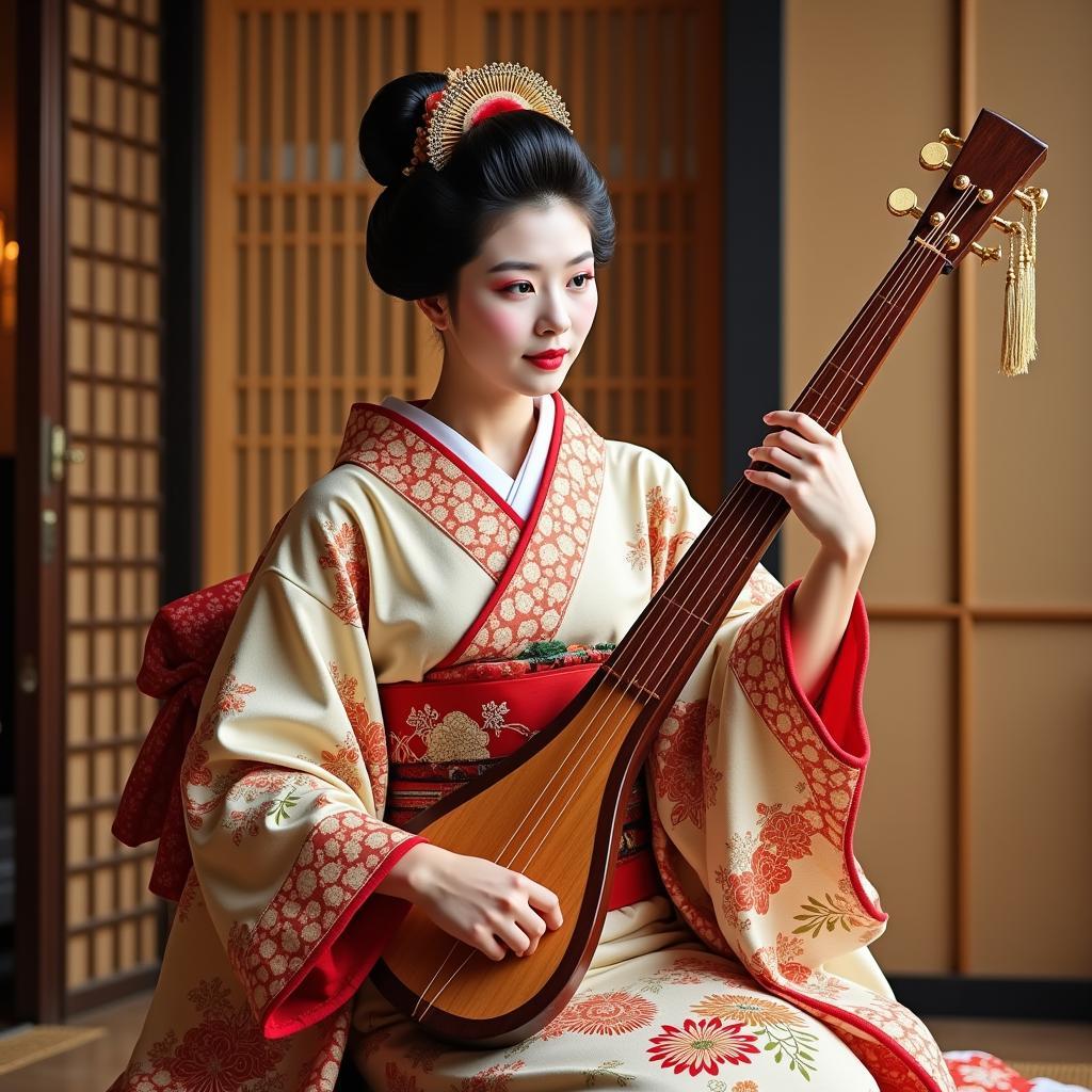 Geisha Nhật Bản biểu diễn nghệ thuật truyền thống với đàn shamisen và trang phục kimono lộng lẫy