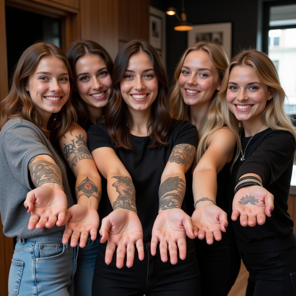 Nhóm bạn trẻ cá tính khoe hình xăm trên tay, thể hiện sự tự tin và yêu thích nghệ thuật xăm hình hiện đại