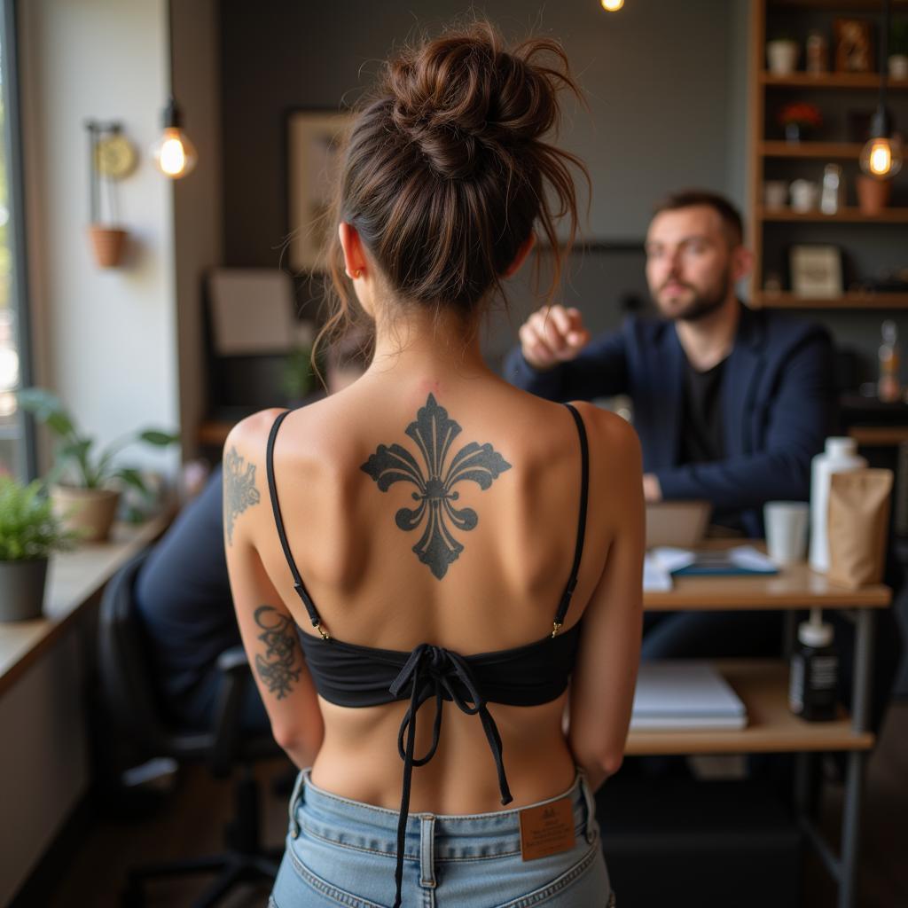 Cô gái xăm hình sau lưng quần đặt câu hỏi về việc chăm sóc hình xăm và các vấn đề liên quan