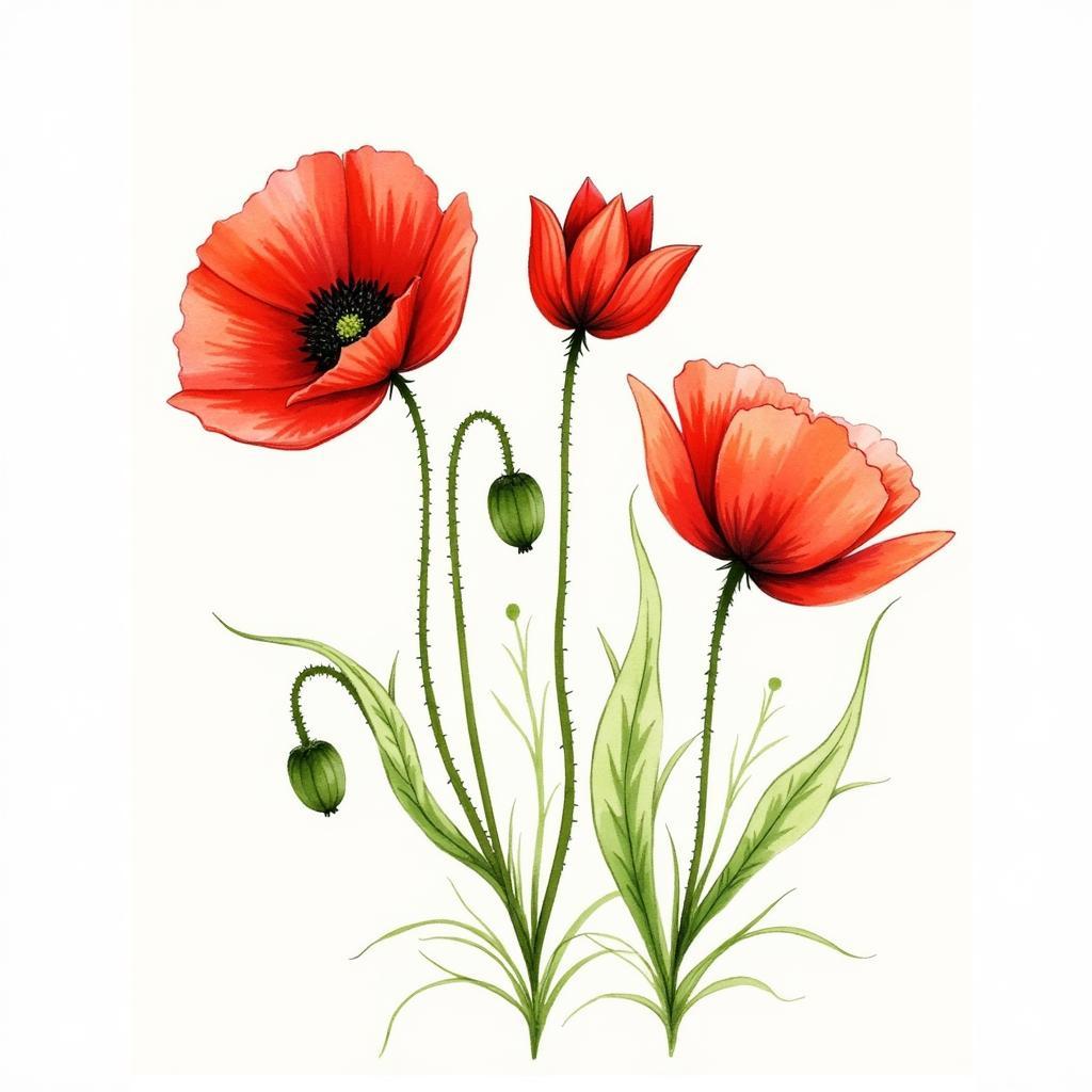 bản phác thảo hoa anh túc màu nước thể hiện sự sáng tạo nghệ thuật