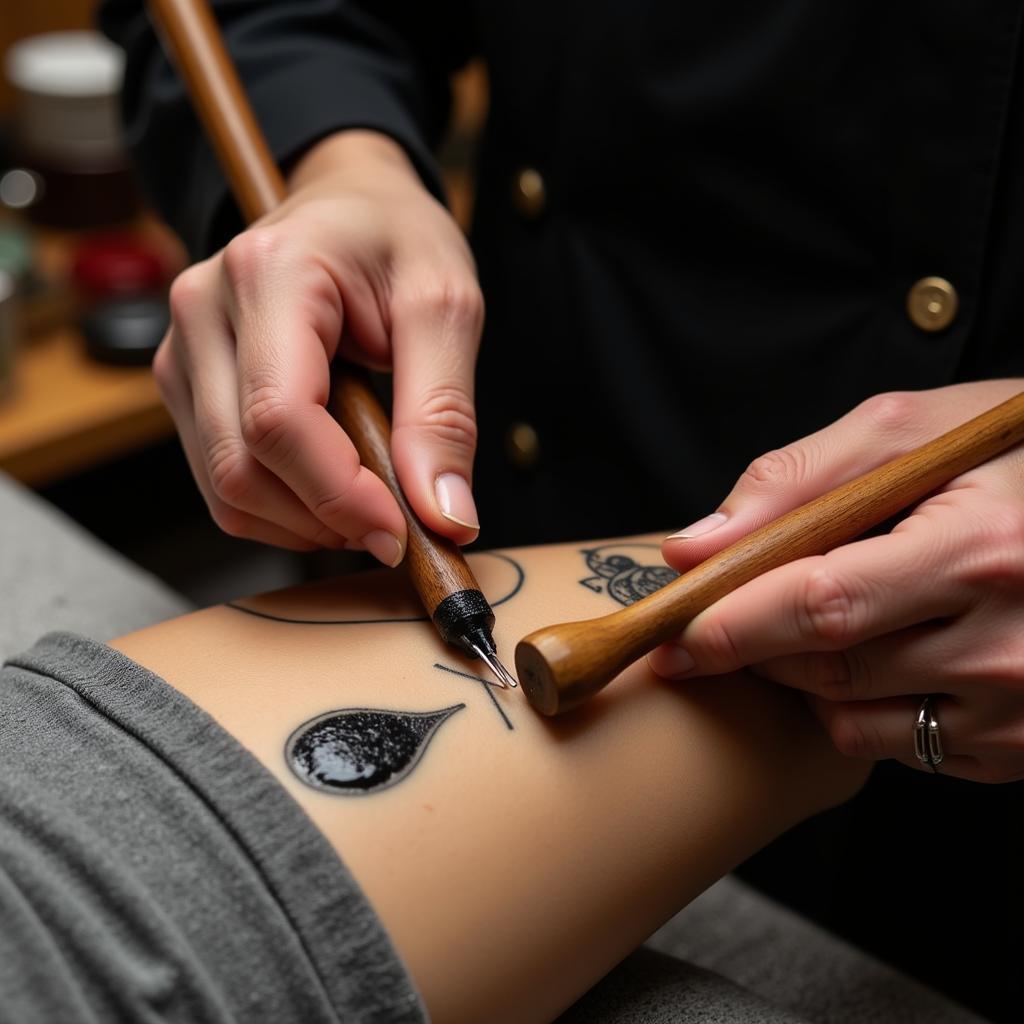 Cận cảnh quá trình xăm Irezumi tebori (xăm tay) truyền thống với kim xăm và mực Nhật Bản