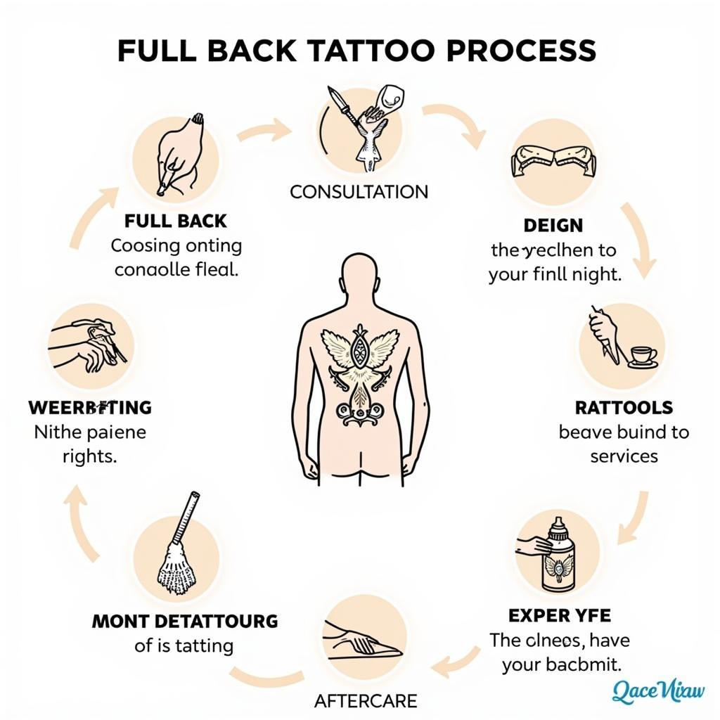 Infographic các bước trong quy trình xăm hình full lưng, từ tư vấn đến chăm sóc