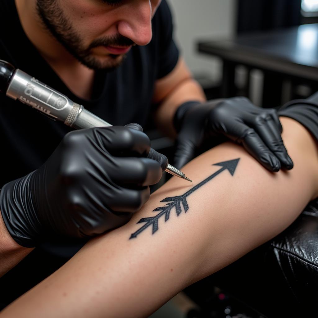 Thợ xăm chuyên nghiệp thực hiện quy trình xăm hình mũi tên an toàn tại studio.