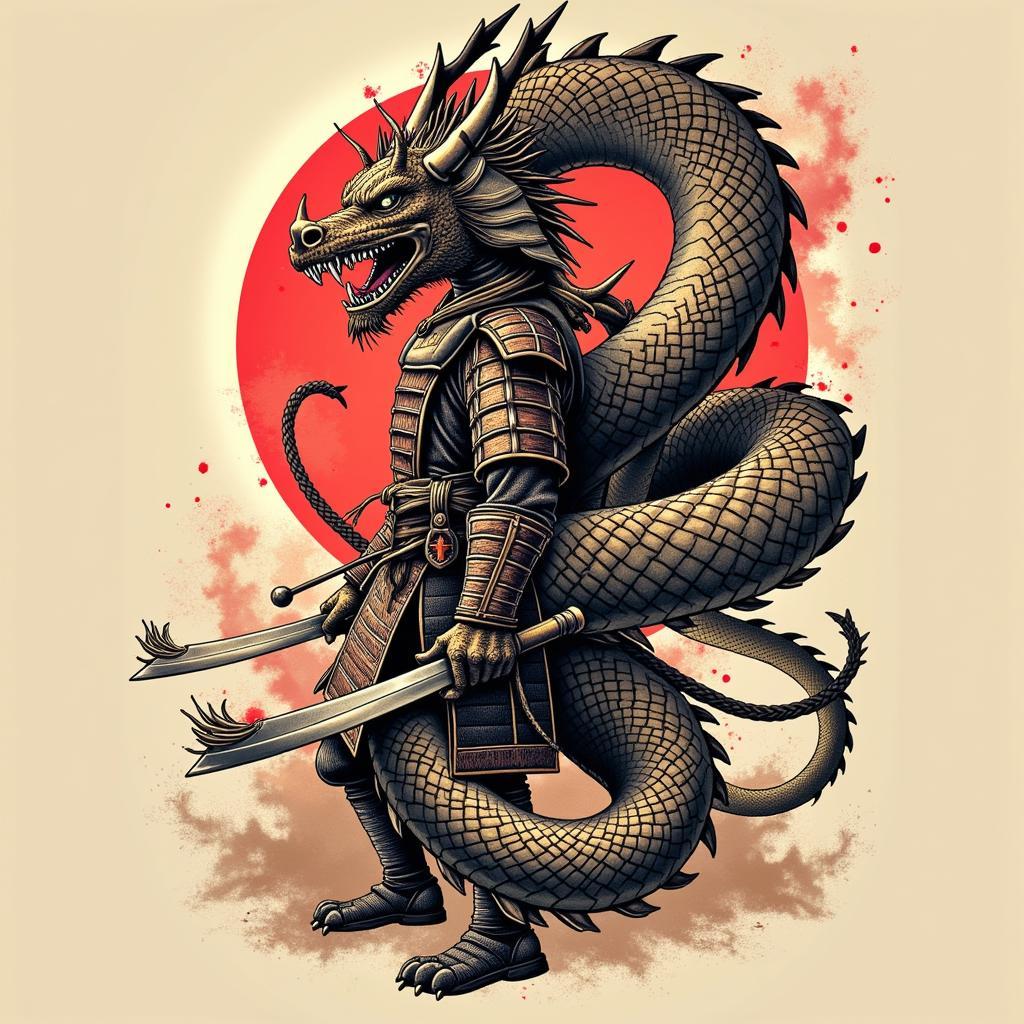 Hình xăm kết hợp samurai và rồng thể hiện sức mạnh và quyền lực tối cao
