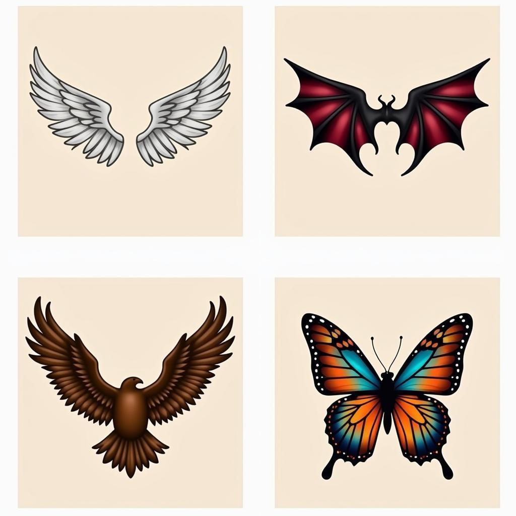 Hình ảnh so sánh các phong cách thiết kế hình xăm đôi cánh và ý nghĩa biểu tượng