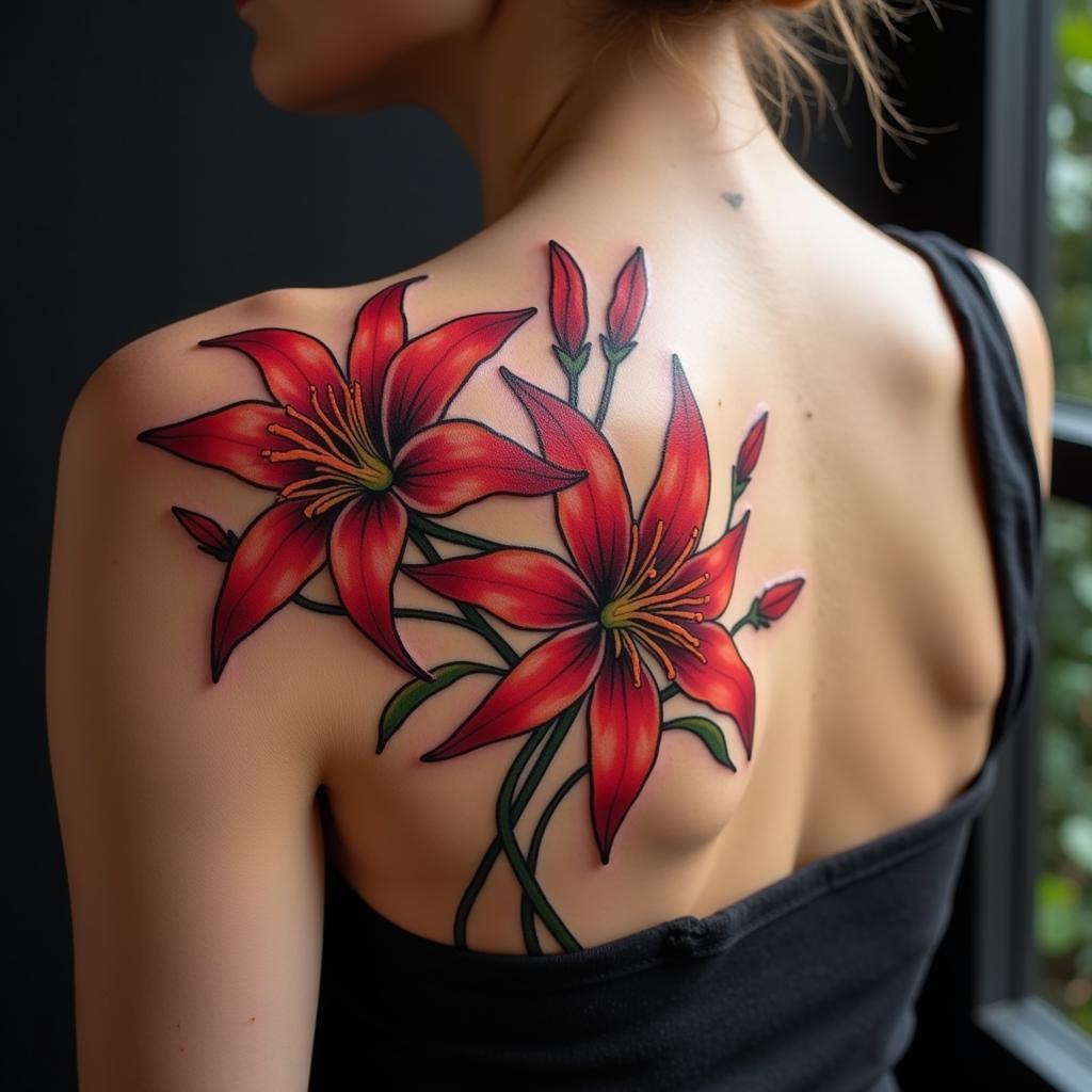 Hình xăm hoa bỉ ngạn kéo dài từ vai xuống cánh tay cho nữ tạo ấn tượng mạnh mẽ