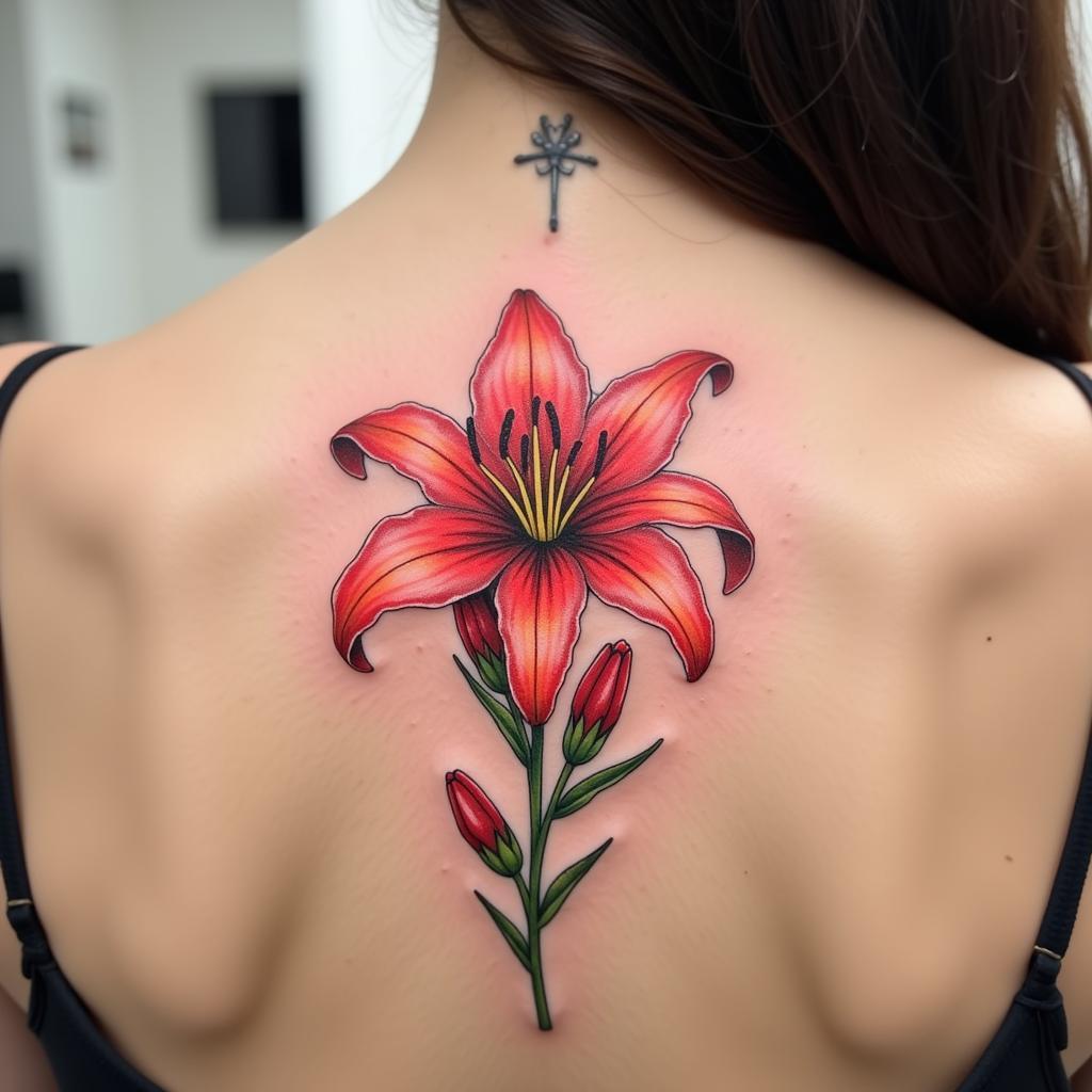 Hình xăm hoa bỉ ngạn ở vai nữ tượng trưng cho sự tái sinh và hy vọng vào tương lai