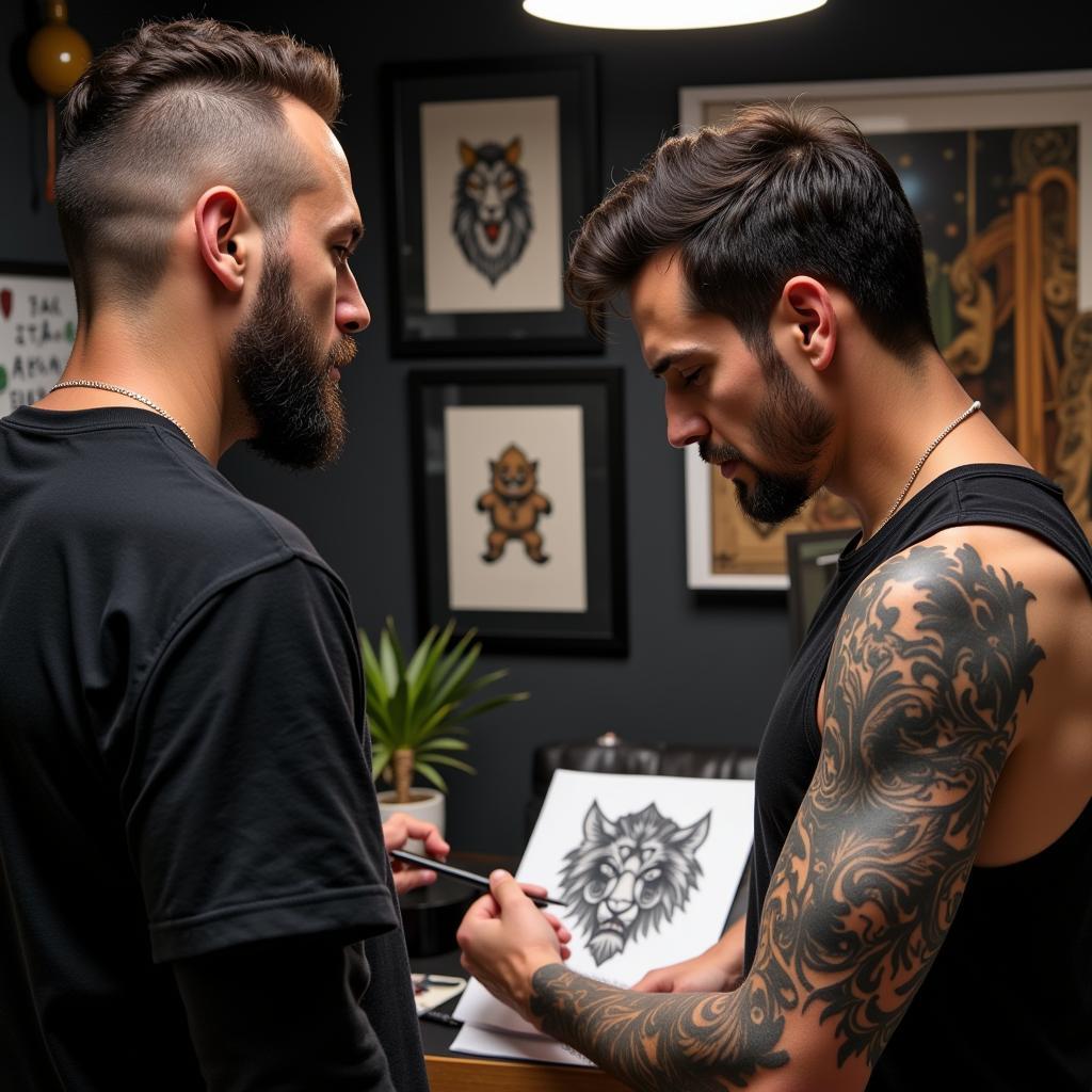 Thợ xăm hình chuyên nghiệp đang tư vấn mẫu hình xăm tứ linh cho khách hàng tại studio