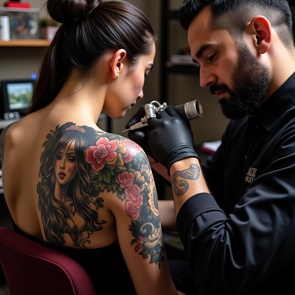 Thợ xăm chuyên nghiệp đang thực hiện hình xăm cô gái Nhật sau lưng cho khách hàng