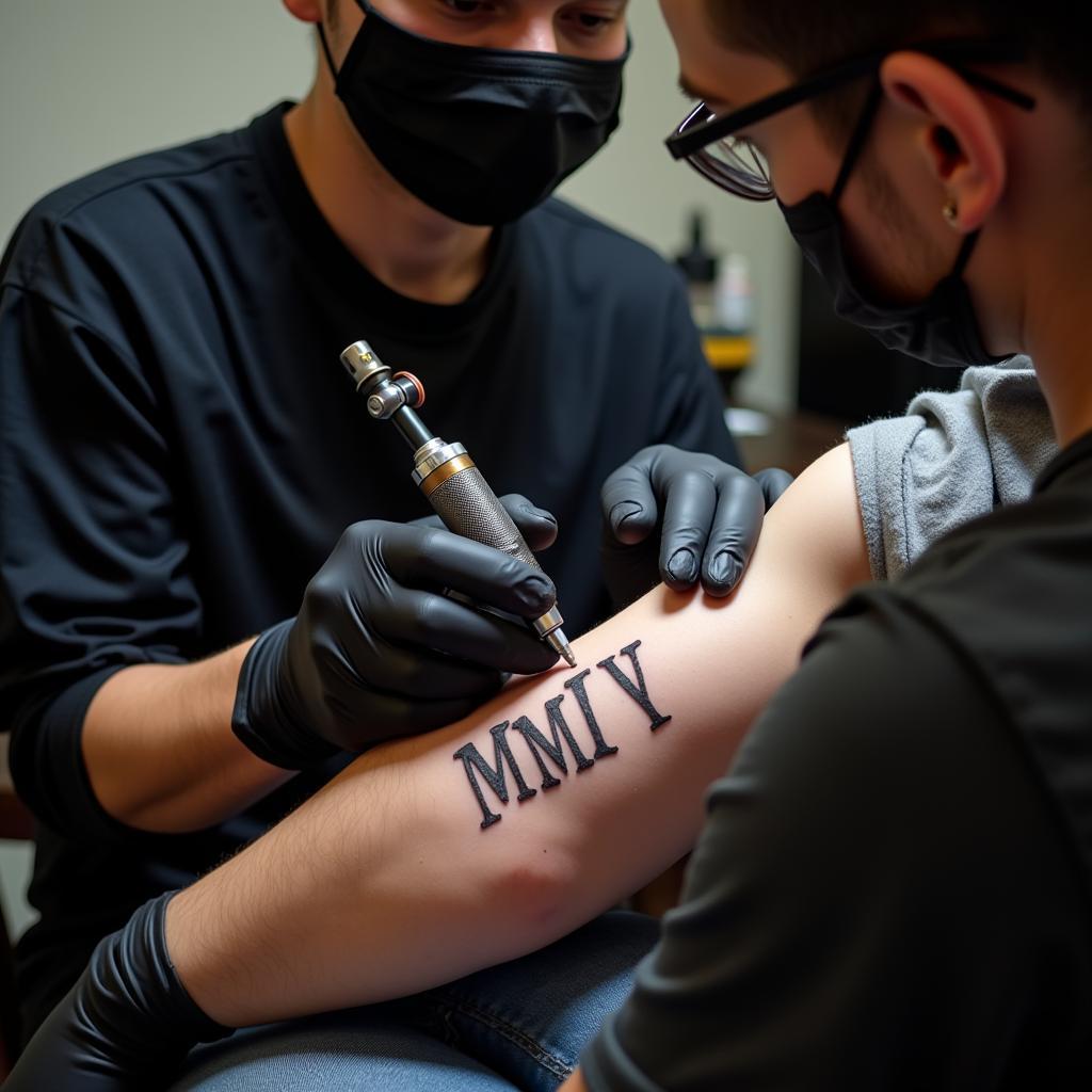 Thợ xăm chuyên nghiệp đang xăm hình số La Mã 2004 cho khách hàng