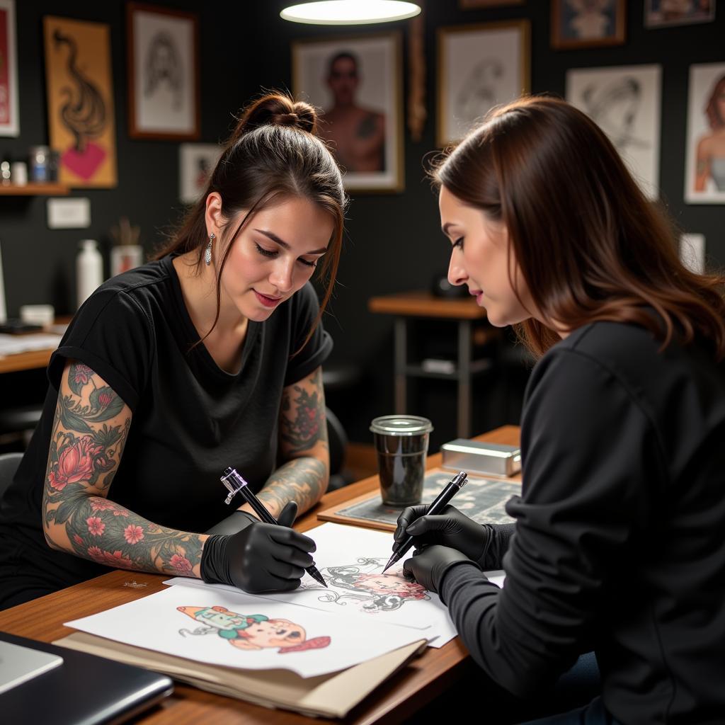 Thợ xăm hình nữ chuyên nghiệp tư vấn cho khách hàng về thiết kế và vị trí xăm phù hợp