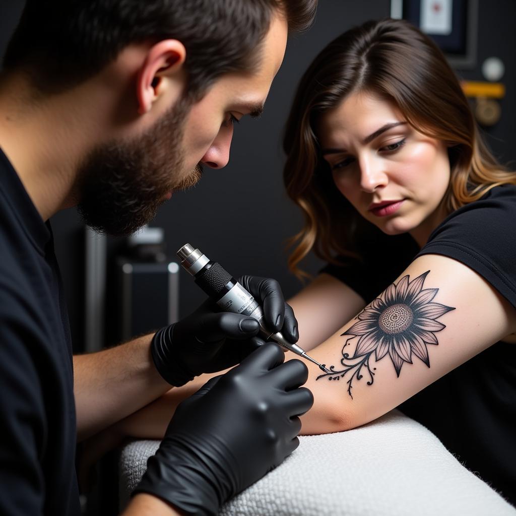 Thợ xăm đang thực hiện hình xăm hoa hướng dương đen trắng