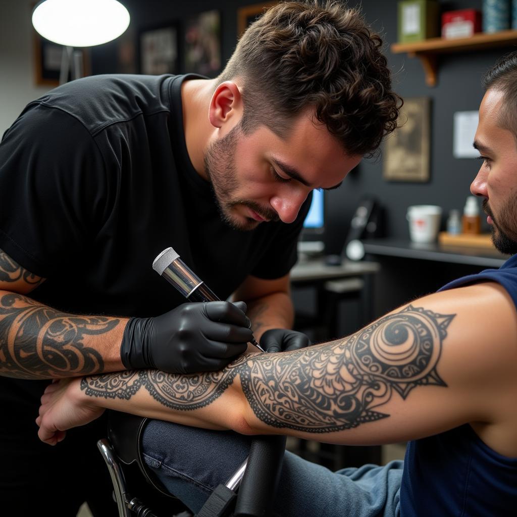 Tho xam Maori chuyen nghiep dang thuc hien hinh xam cho khach hang tai studio