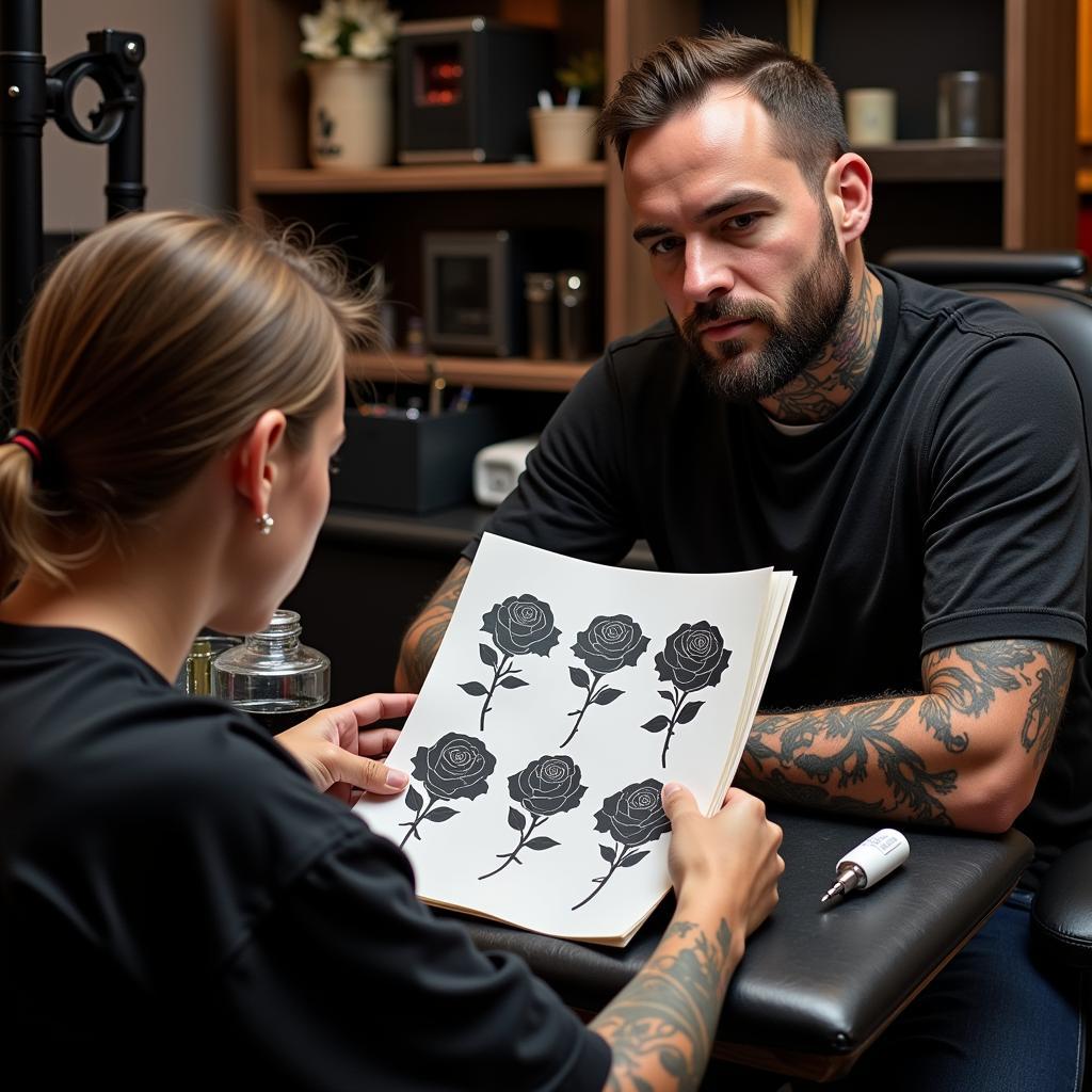 tu-van-lua-chon-hinh-xam-hoa-hong-den-67be90 Hình ảnh tư vấn giữa khách hàng và thợ xăm để lựa chọn hình xăm hoa hồng đen phù hợp với cá tính.