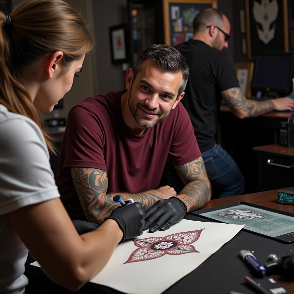 Khách hàng tư vấn thiết kế hình xăm bộ lạc với nghệ sĩ xăm