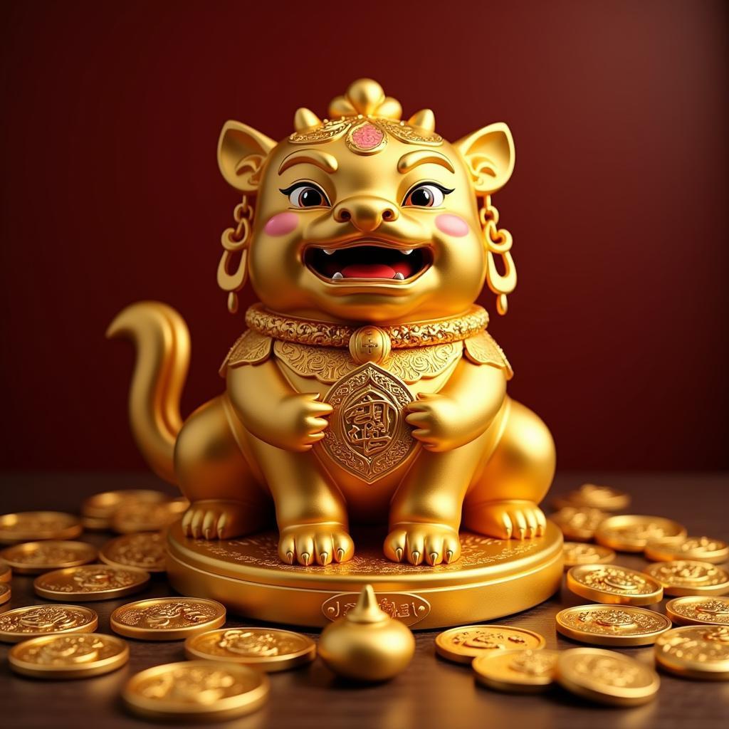 Tỳ Hưu phong thủy chiêu tài hút lộc với tiền vàng và biểu tượng may mắn xung quanh