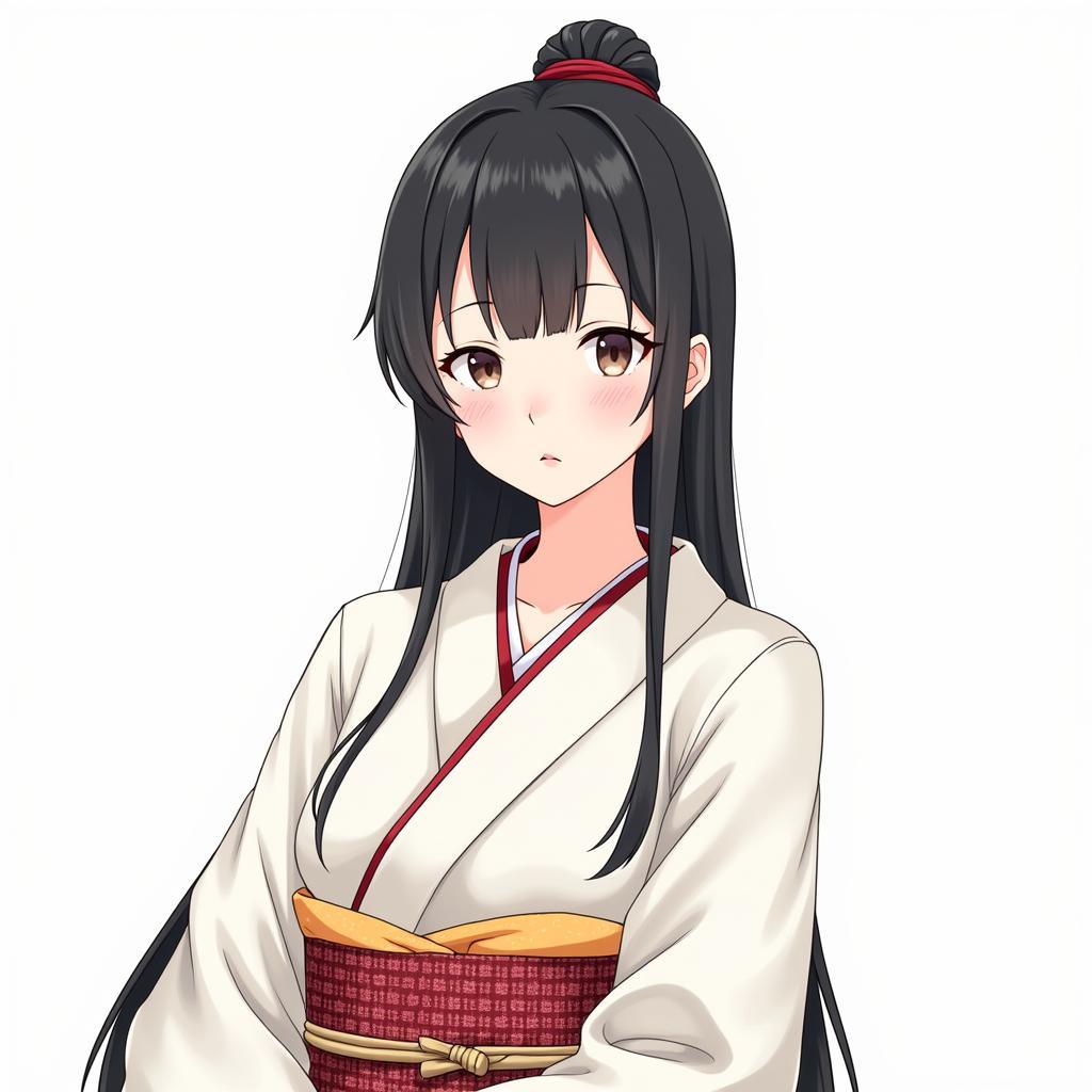 Minh họa cô gái Nhật Bản truyền thống với kimono, tóc đen và vẻ đẹp dịu dàng, tượng trưng cho sự duyên dáng và nữ tính