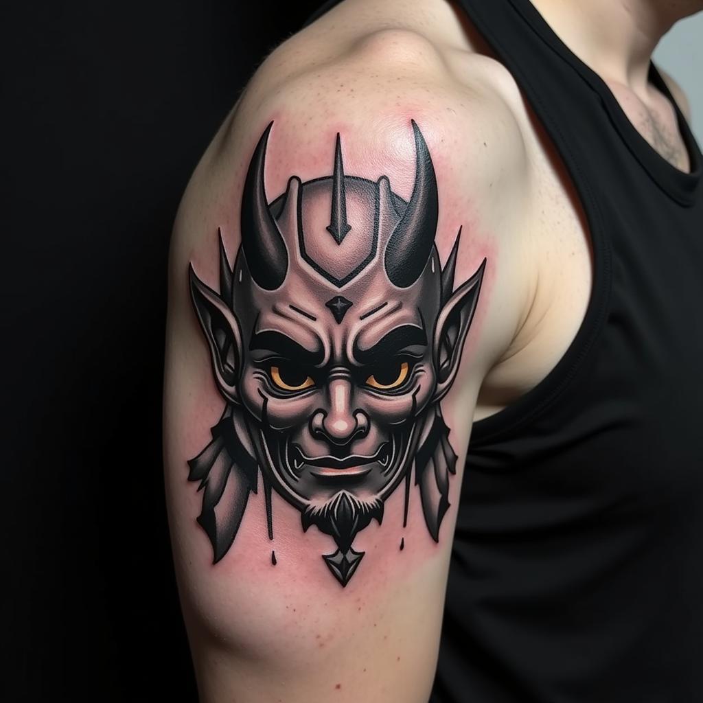 Hình xăm mặt quỷ Hannya ở vị trí bắp tay, một vị trí phổ biến thể hiện sức mạnh và quyết tâm.