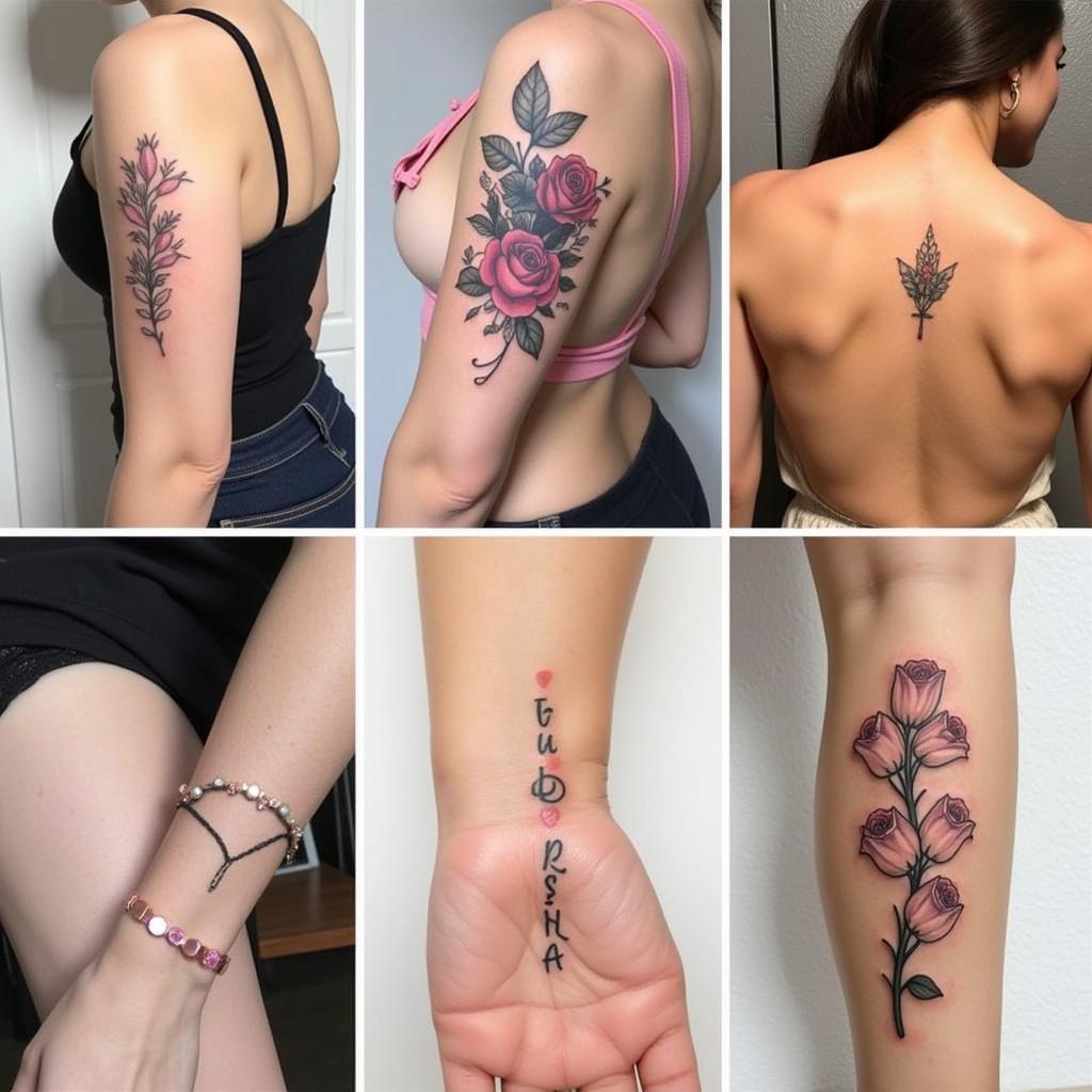 Hình ảnh vị trí xăm hình phổ biến trên cơ thể phụ nữ, cổ tay, vai, lưng và chân