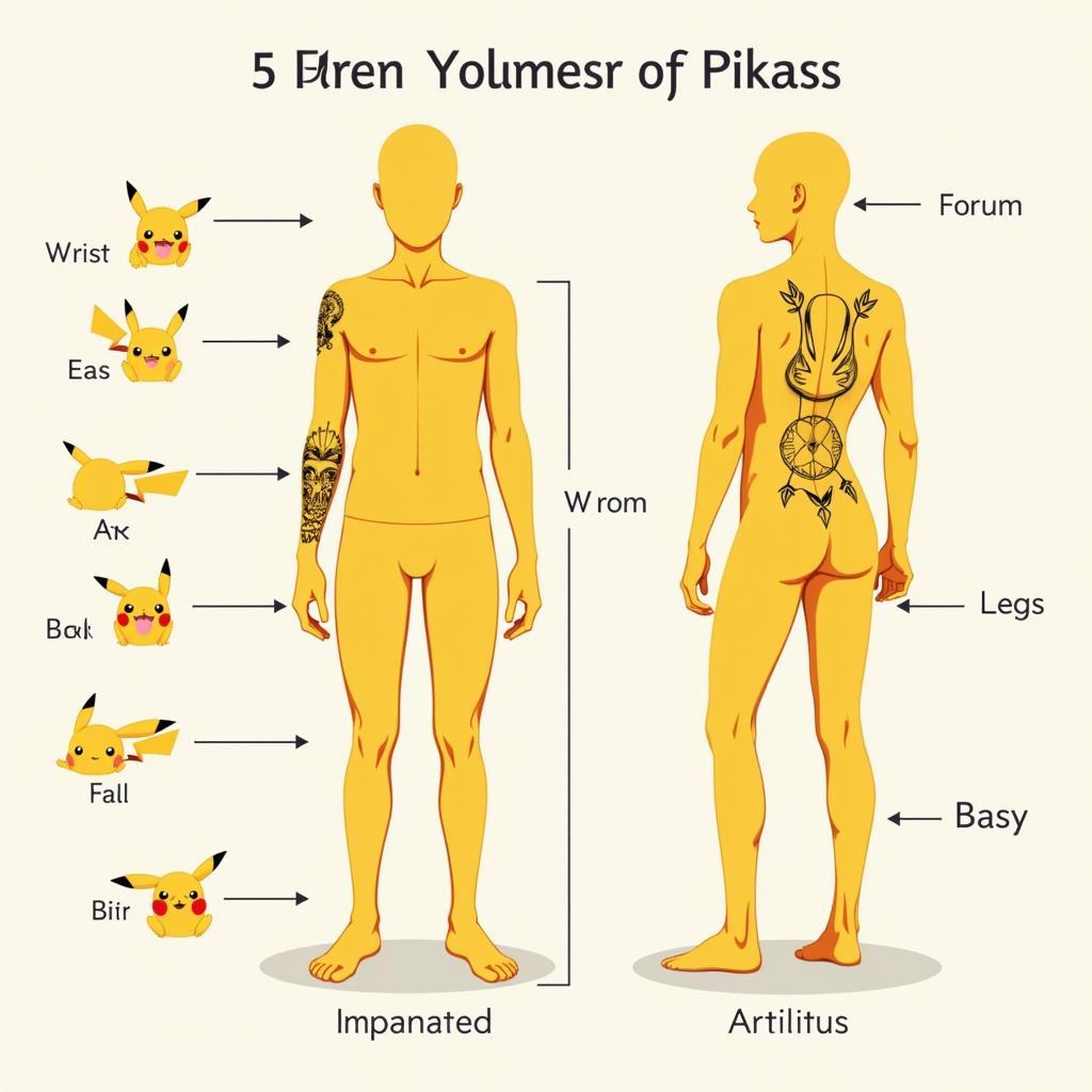 Sơ đồ vị trí xăm hình Pikachu lý tưởng trên cơ thể người, bao gồm cổ tay, bắp tay, bắp chân, vai, lưng, mắt cá chân