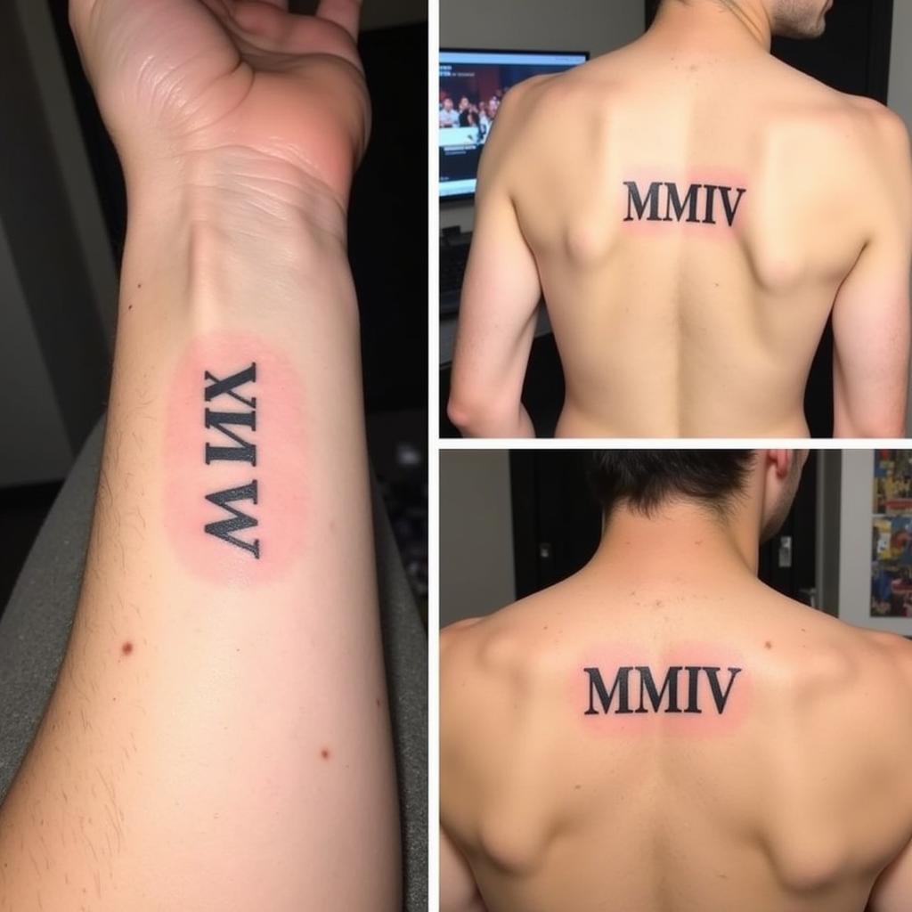 Hình xăm số La Mã 2004 ở các vị trí cổ tay, vai và lưng thể hiện sự linh hoạt