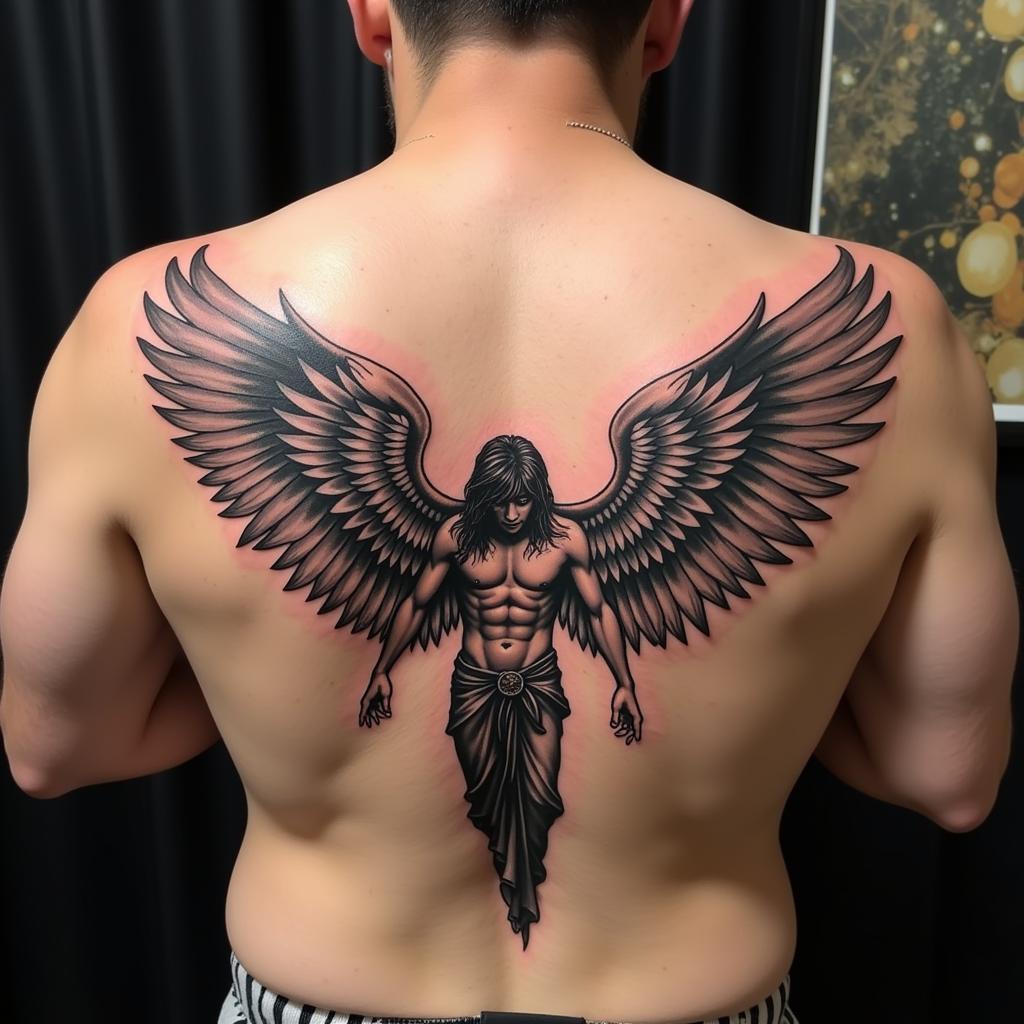 Hinh xam thien than sa nga lon o lung voi doi canh trai dai va chi tiet tinh te