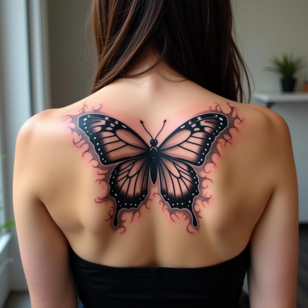 Hình xăm bướm khói kích thước lớn trên lưng, một lựa chọn ấn tượng và đầy quyến rũ