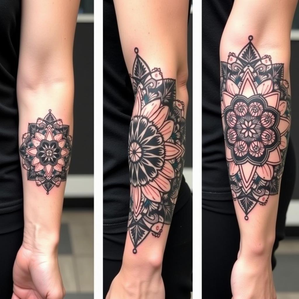 Collage các vị trí xăm Mandala trên tay như bắp tay, cẳng tay và full tay