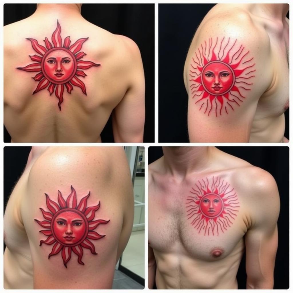 Collage hình xăm mặt trời đỏ ở lưng, cánh tay và ngực với các thiết kế khác nhau